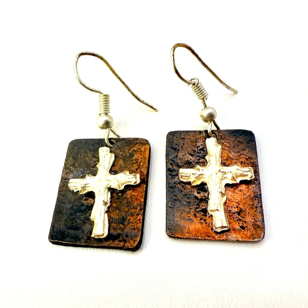 Vintage Antique Metal Rectangular with Silver Tone Cross Religious Earrings 0.8”